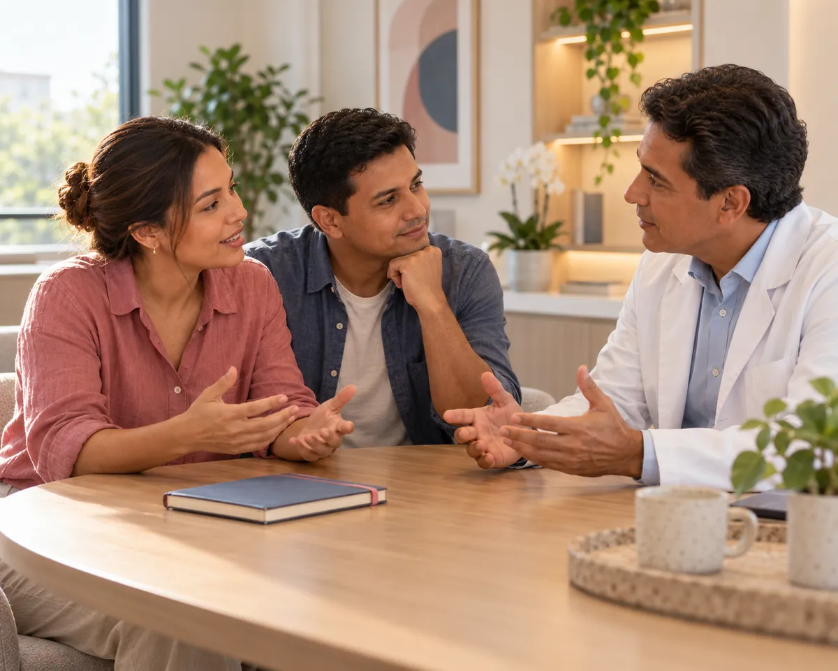 Casal conversa com o médico no consultório, com um caderno sobre a mesa.