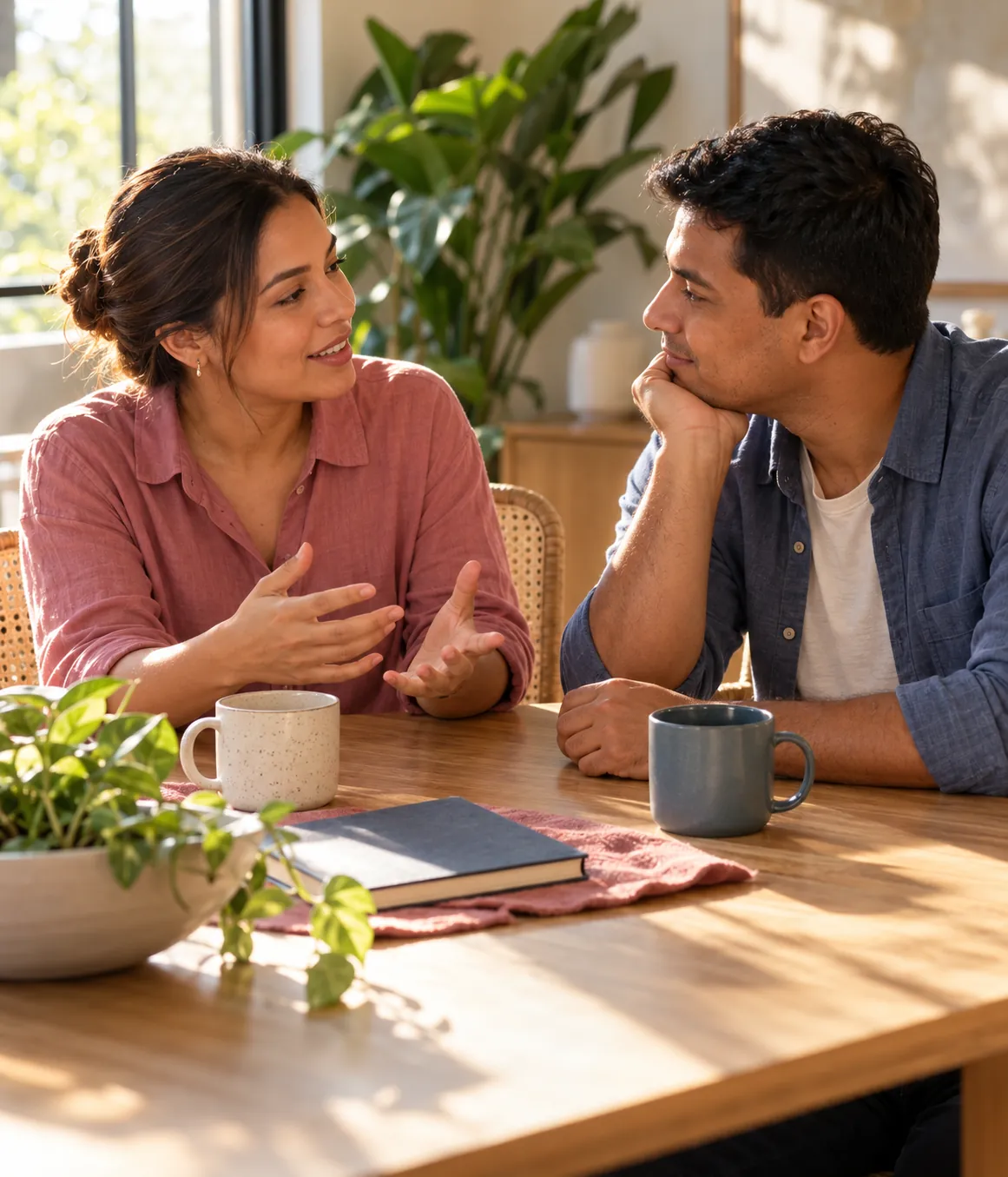 Casal conversa à mesa, com canecas e um caderno, em uma sala iluminada pelo sol.